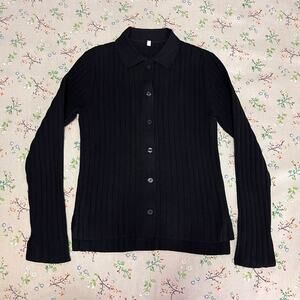 MUJI Ribbed Button Front Cardigan Sweater Pullover Stretch Black Medium Academia